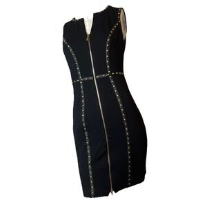 CACHE Dress Black Gold Studs Sheath Front Zipper Sleeveless Stretch Knit Sz 4